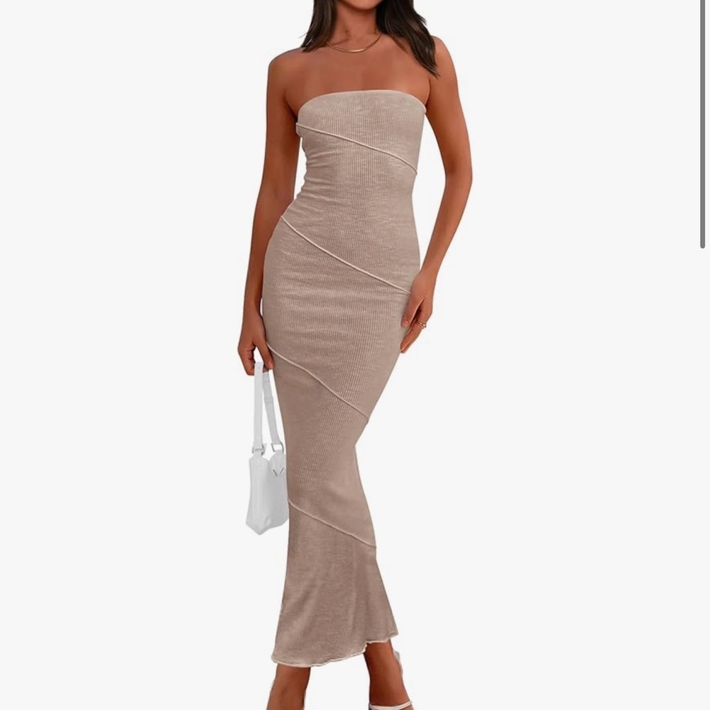 Khaki Tan Ribbed Strapless Maxi Dress